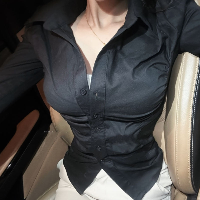 South Korea’s Dongdaemun Spring and Summer New Style Slim Fit Lapel Waist Pleated Ol Style Versatile Long-Sleeved Shirt