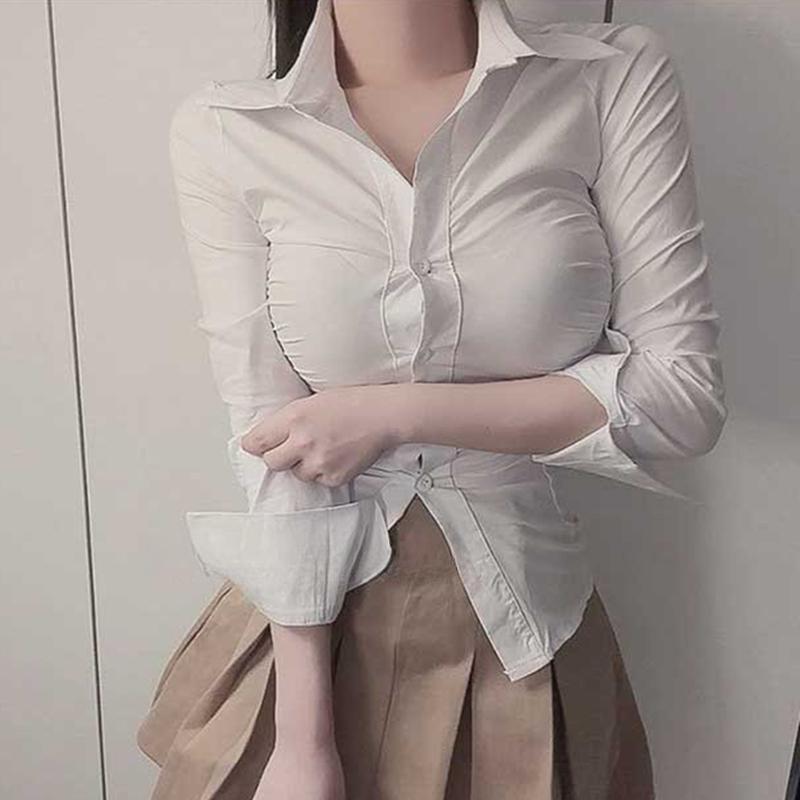 South Korea’s Dongdaemun Spring and Summer New Style Slim Fit Lapel Waist Pleated Ol Style Versatile Long-Sleeved Shirt