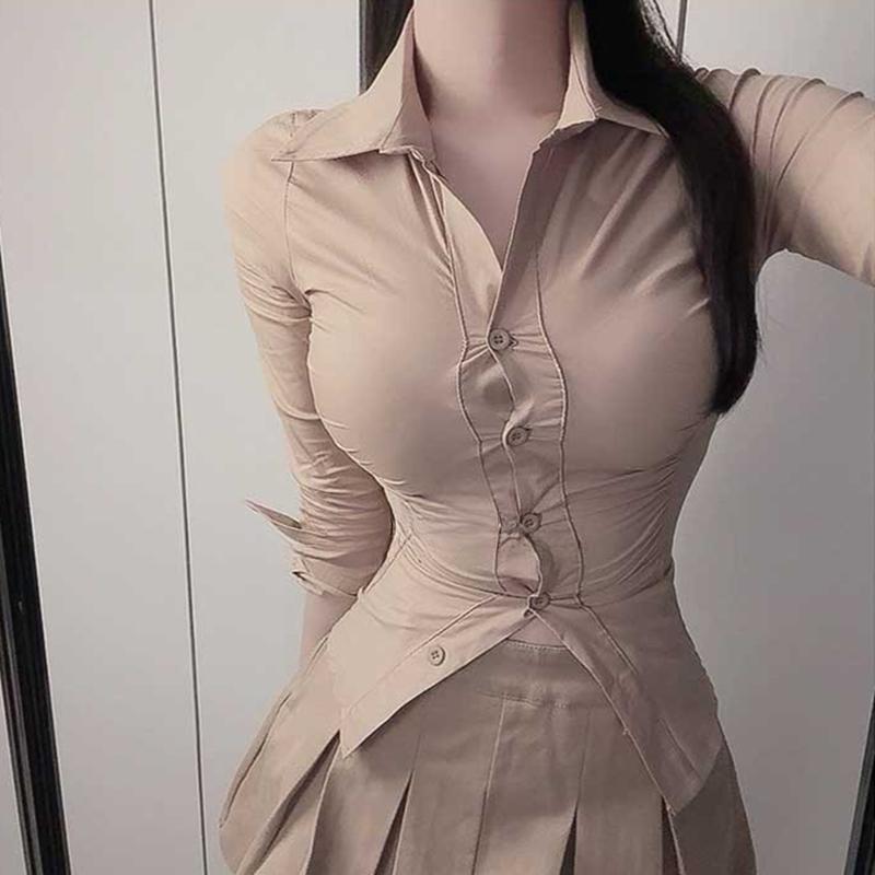 South Korea’s Dongdaemun Spring and Summer New Style Slim Fit Lapel Waist Pleated Ol Style Versatile Long-Sleeved Shirt