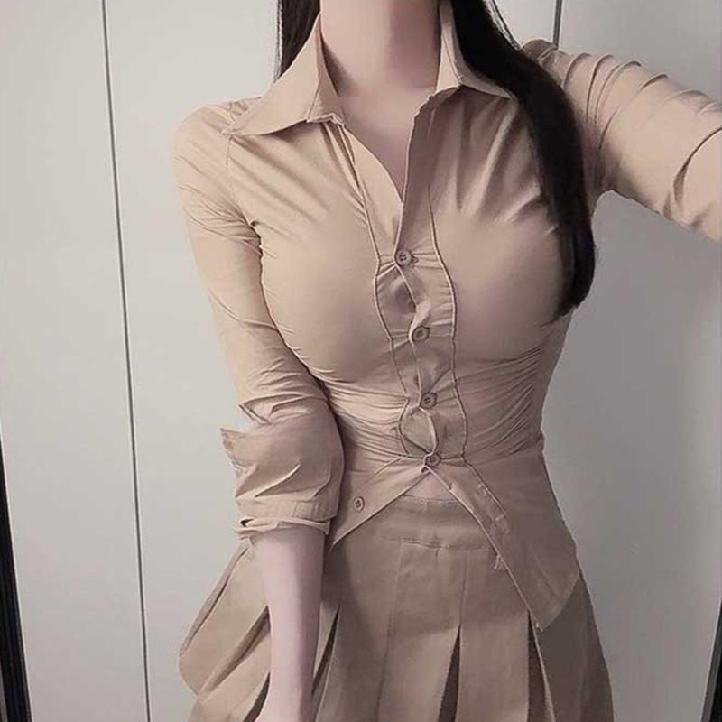 South Korea’s Dongdaemun Spring and Summer New Style Slim Fit Lapel Waist Pleated Ol Style Versatile Long-Sleeved Shirt