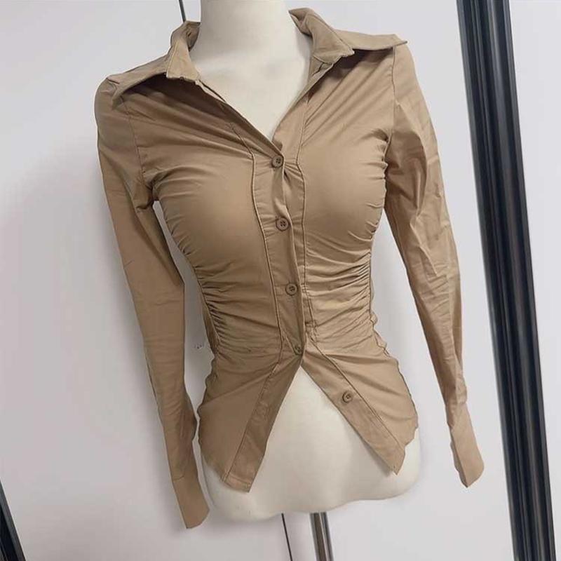 South Korea’s Dongdaemun Spring and Summer New Style Slim Fit Lapel Waist Pleated Ol Style Versatile Long-Sleeved Shirt