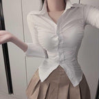 South Korea’s Dongdaemun Spring and Summer New Style Slim Fit Lapel Waist Pleated Ol Style Versatile Long-Sleeved Shirt