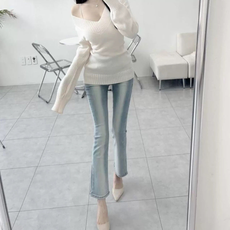 South Korea Dongdaemun New V-neck Sweater Abstinence Waist-hip Ratio Tight Waist Slim-fit Sweater Warm Sweater