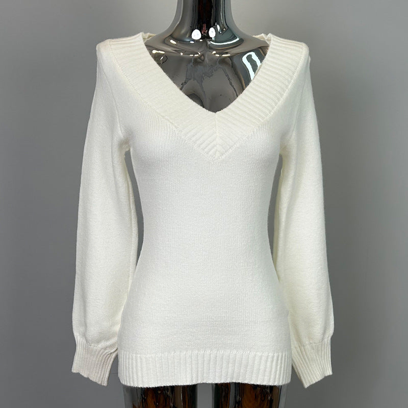 South Korea Dongdaemun New V-neck Sweater Abstinence Waist-hip Ratio Tight Waist Slim-fit Sweater Warm Sweater - White