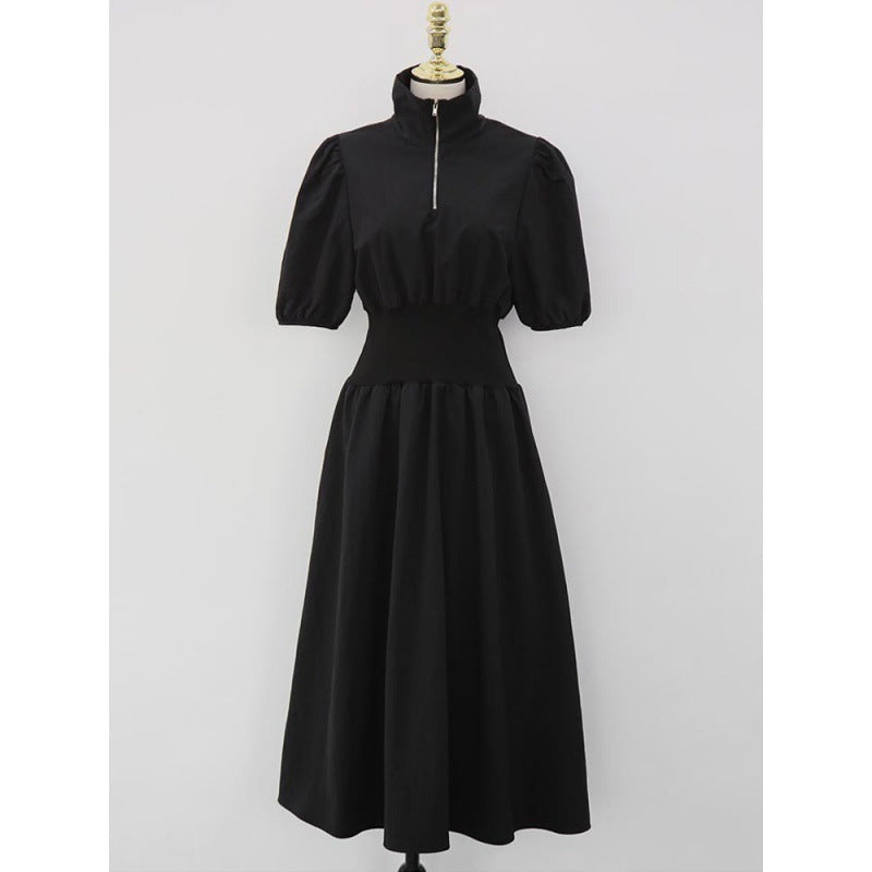 Foreign Trade Women’s Clothing Romantic Korean Chic Short-Sleeved Dress Slim Waist Splicing Dress K-Style - Black / All