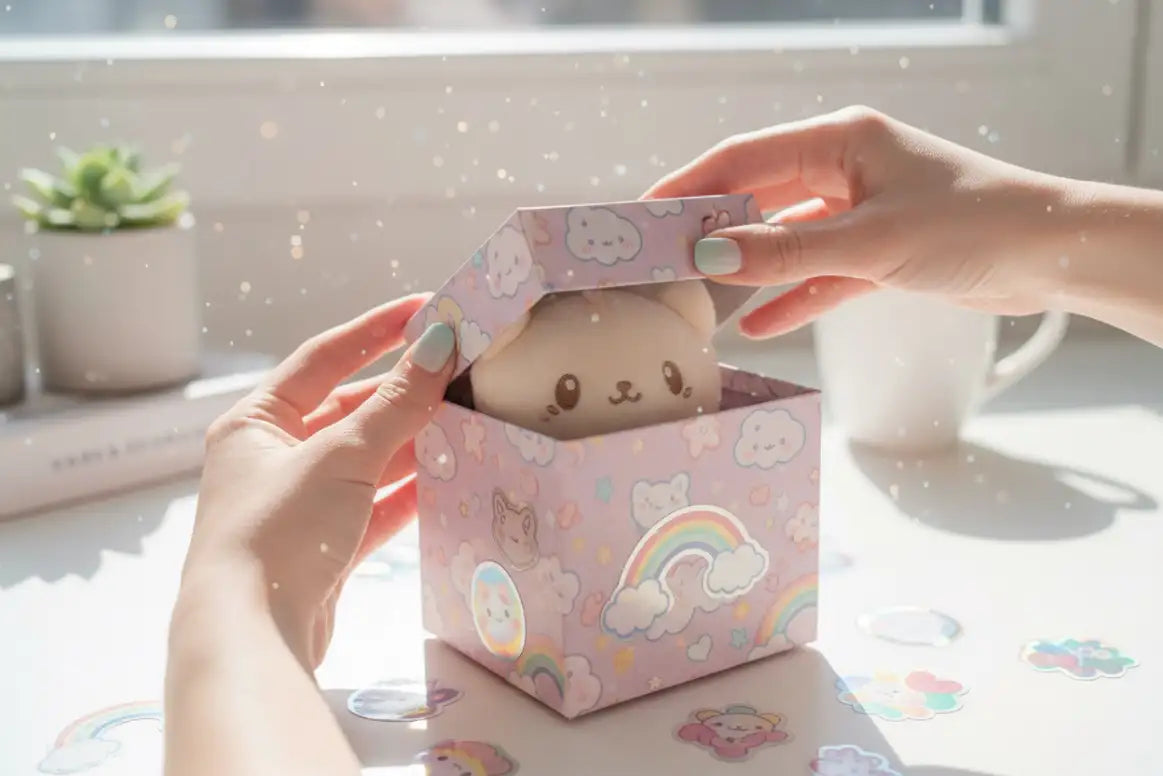 A soft, beige plush cat with cute black eyes and a friendly expression sits inside a pastel pink box adorned with rainbow, cloud, and kitten illustrations.