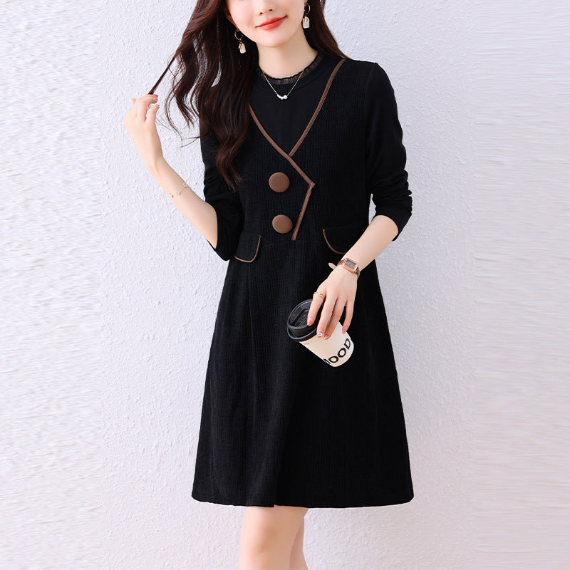 Fake Two-Piece Spliced Plus-Size Dress for Women 2026 Spring New Korean Style Slim-Fit Black Dress