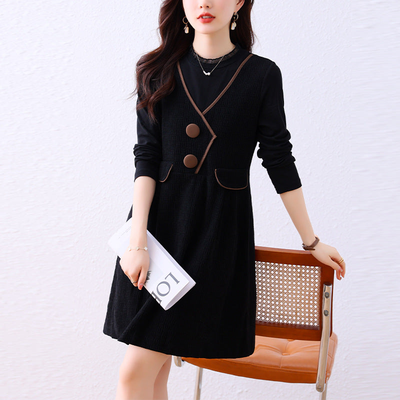 Fake Two-Piece Spliced Plus-Size Dress for Women 2026 Spring New Korean Style Slim-Fit Black Dress