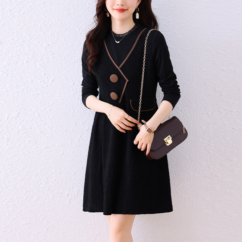 Fake Two-Piece Spliced Plus-Size Dress for Women 2026 Spring New Korean Style Slim-Fit Black Dress