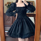 Plus size chubby girl pure desire style sweet square collar black dress autumn lace-up waist slimming Lolita princess