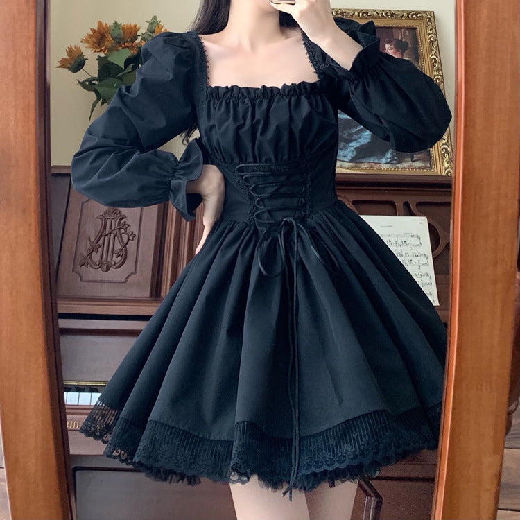 Plus size chubby girl pure desire style sweet square collar black dress autumn lace-up waist slimming Lolita princess