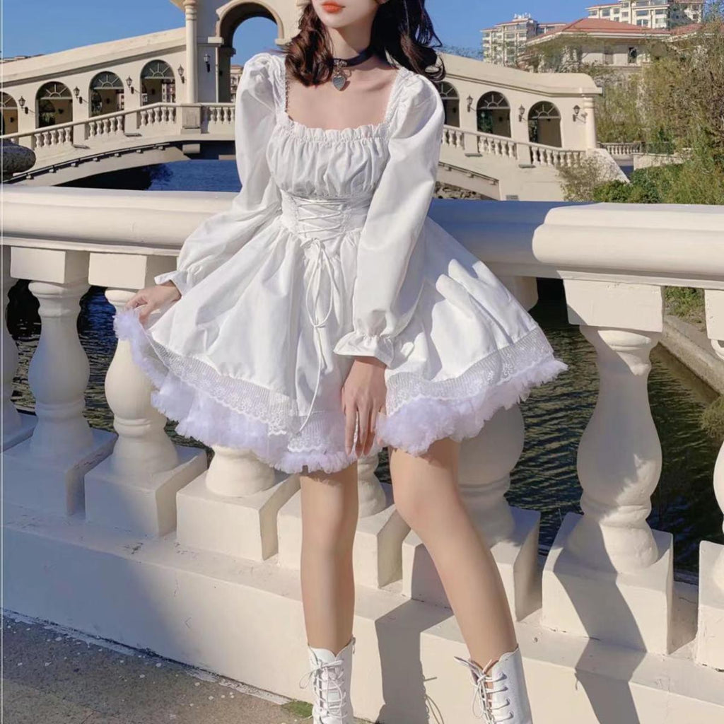 Plus size chubby girl pure desire style sweet square collar black dress autumn lace-up waist slimming Lolita princess