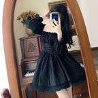 Plus size chubby girl pure desire style sweet square collar black dress autumn lace-up waist slimming Lolita princess