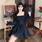 Plus size chubby girl pure desire style sweet square collar black dress autumn lace-up waist slimming Lolita princess