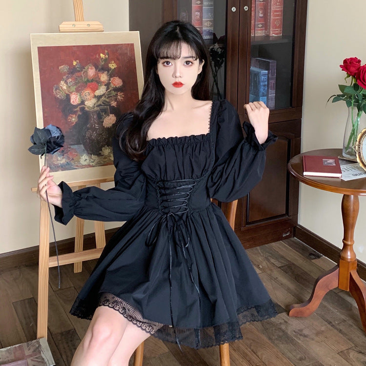 Plus size chubby girl pure desire style sweet square collar black dress autumn lace-up waist slimming Lolita princess