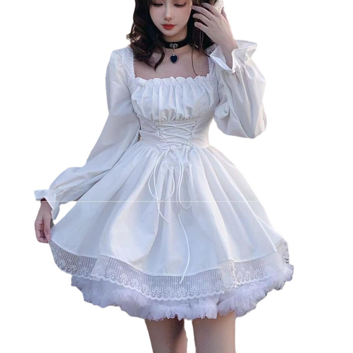 Plus size chubby girl pure desire style sweet square collar black dress autumn lace-up waist slimming Lolita princess