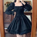 Plus size chubby girl pure desire style sweet square collar black dress autumn lace-up waist slimming Lolita princess