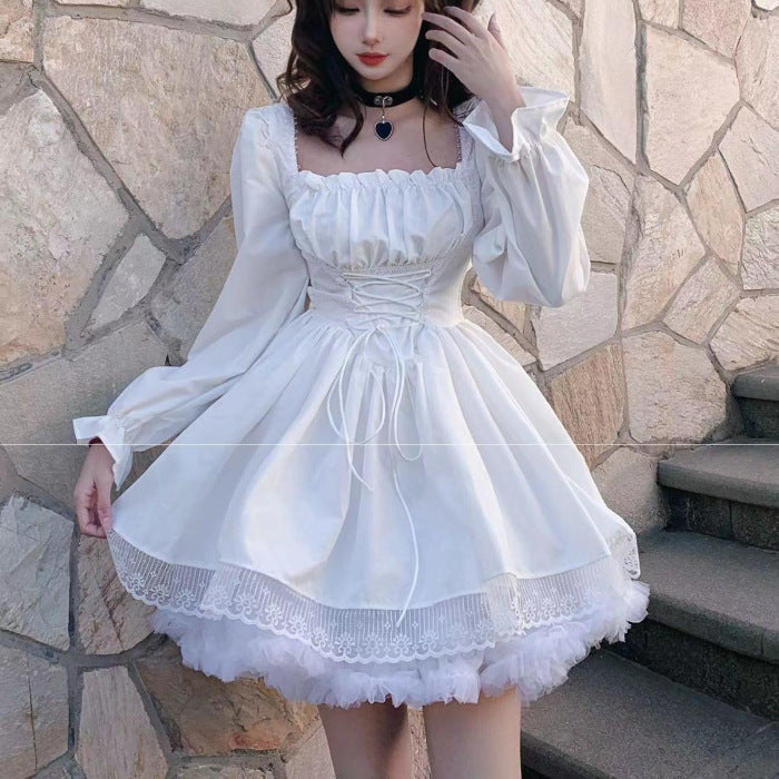 Plus size chubby girl pure desire style sweet square collar black dress autumn lace-up waist slimming Lolita princess