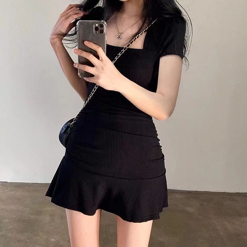 Black Hepburn Style Short dress Summer Collar Fishtail Small Black Dress High Sense Korean Style Wear Small