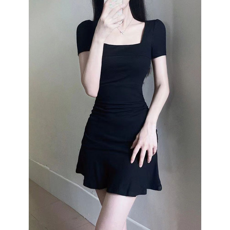 Black Hepburn Style Short dress Summer Collar Fishtail Small Black Dress High Sense Korean Style Wear Small