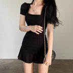 Black Hepburn Style Short dress Summer Collar Fishtail Small Black Dress High Sense Korean Style Wear Small