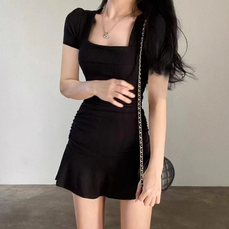 Black Hepburn Style Short dress Summer Collar Fishtail Small Black Dress High Sense Korean Style Wear Small - Black / S