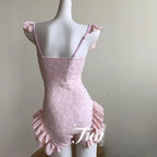 Swimsuit Women Pink Jacquard Fabric Square Neck Bow Accent Ruched Bodice Ruffle Hem Puff Sleeve Kawaii Lolita Style