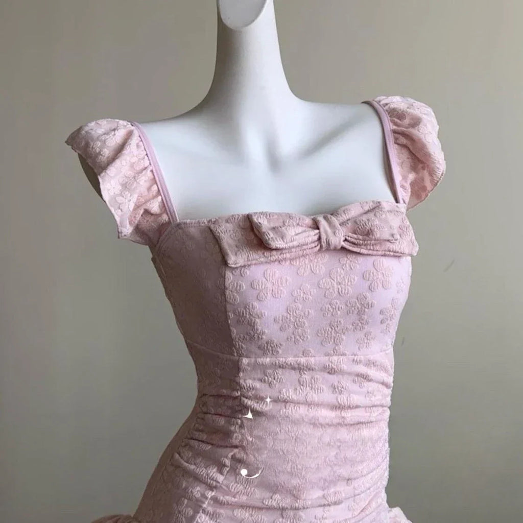 Swimsuit Women Pink Jacquard Fabric Square Neck Bow Accent Ruched Bodice Ruffle Hem Puff Sleeve Kawaii Lolita Style