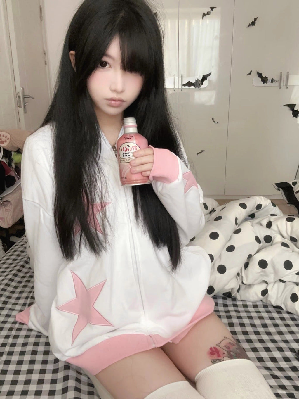 Star Patch Oversized Kawaii Hoodie - kawaii-inspired outfit in pastel colors - 66385739