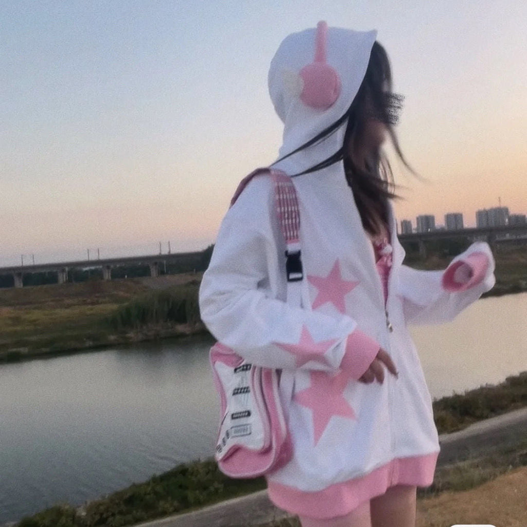 Star Patch Oversized Kawaii Hoodie - kawaii-inspired outfit in pastel colors - 36362343