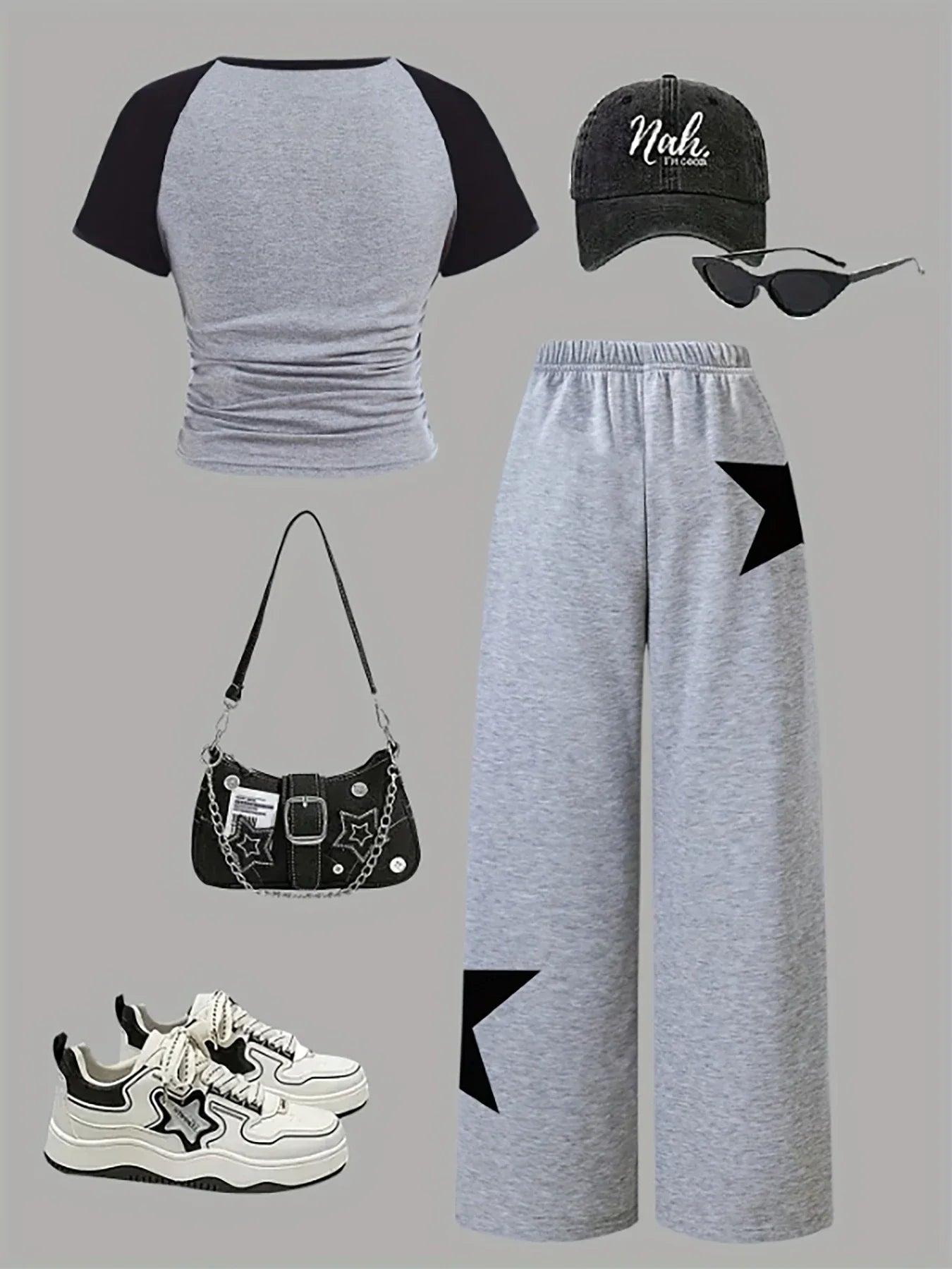 Trendy Items for Girls Girls’ Clothing 2-Piece Girls’ Outfit Back-To-School Clothing Star Pattern Gray Wide-Leg