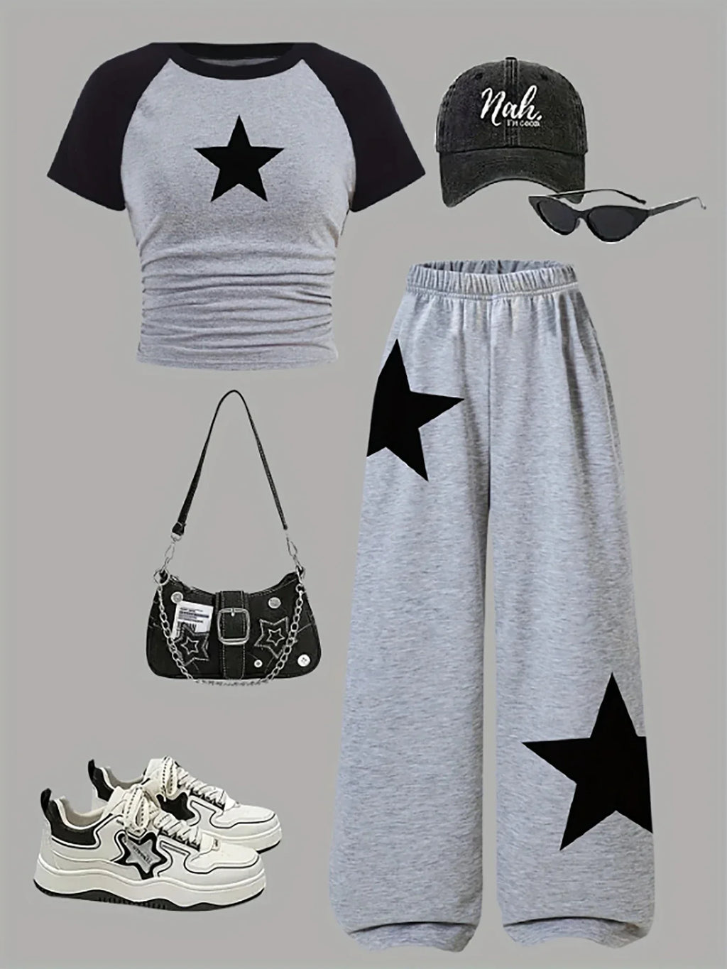 Trendy Items for Girls Girls’ Clothing 2-Piece Girls’ Outfit Back-To-School Clothing Star Pattern Gray Wide-Leg