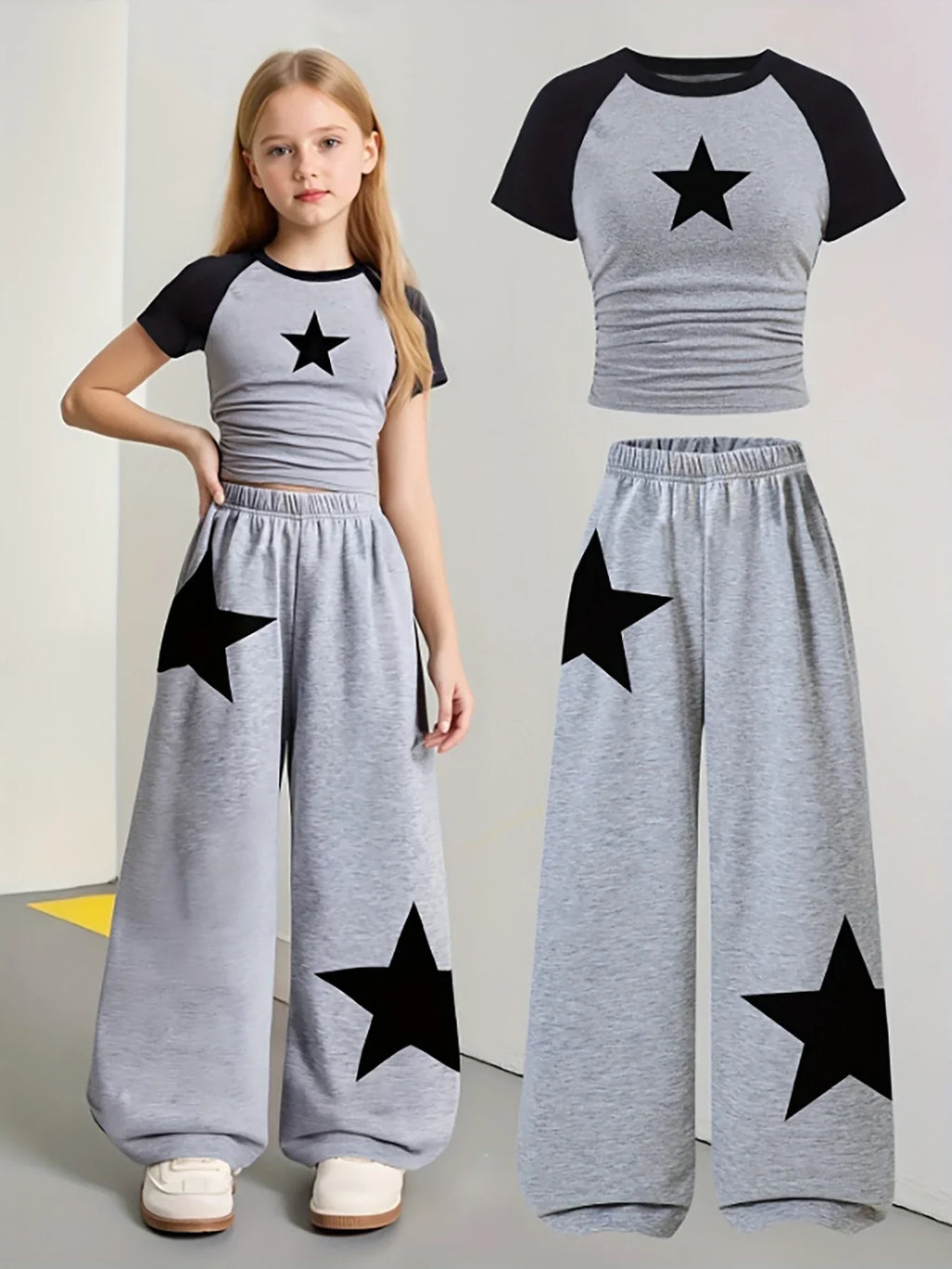 Trendy Items for Girls Girls’ Clothing 2-Piece Girls’ Outfit Back-To-School Clothing Star Pattern Gray Wide-Leg