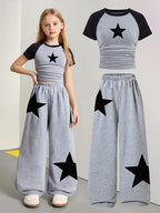Trendy Items for Girls Girls’ Clothing 2-Piece Girls’ Outfit Back-To-School Clothing Star Pattern Gray Wide-Leg