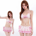New Japanese Style Kawaii Girls Swimsuit Sweet Strawberry Printed Bow Halter Bikini Summer Swimsuit Women Casual Beach