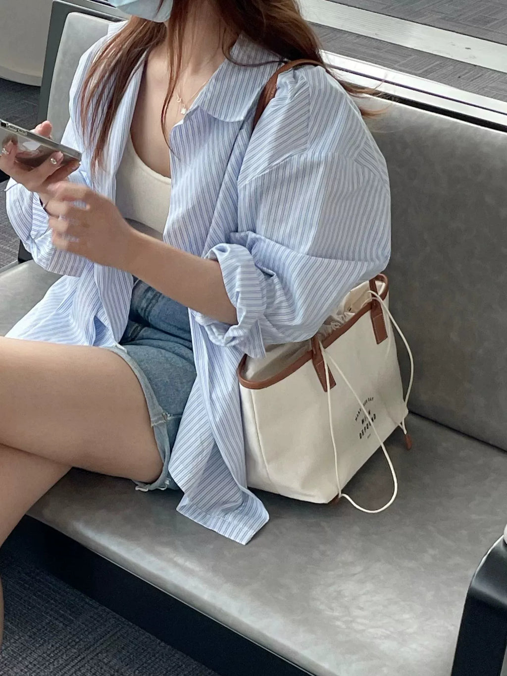 Blue Striped Summer Commuter Shirt - kawaii-inspired outfit in pastel colors - 14062380