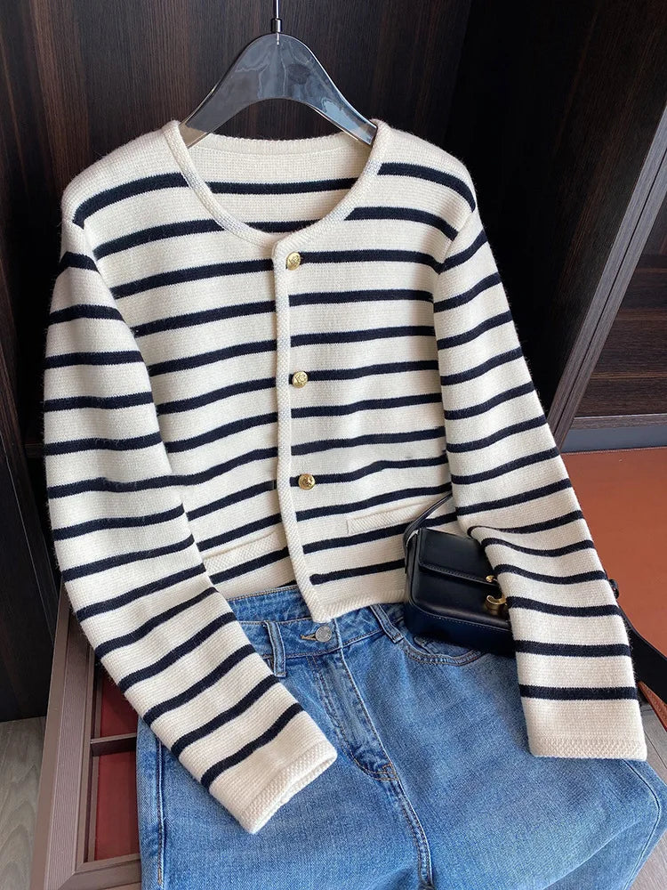 Striped Cropped Cardigan Top - Black / One Size - Cropped Cardigan Top