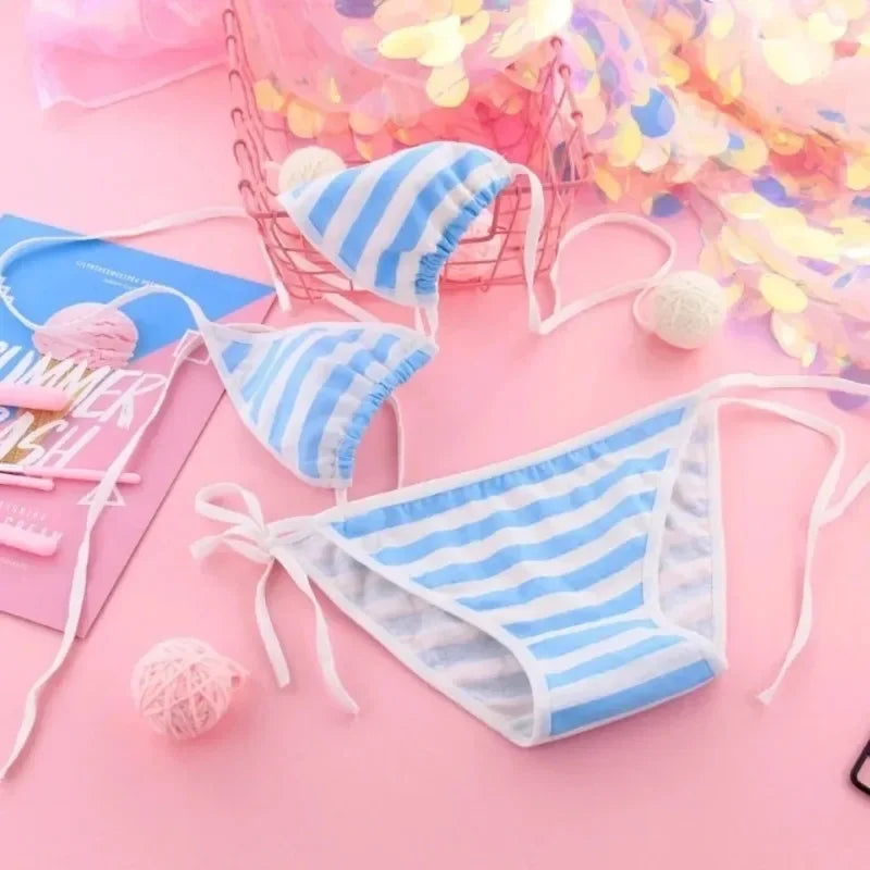 Japan Sexy Lingerie Lolita Kawaii Blue Pink White Striped Mini Bikini Adult Cosplay Women Bra Underwear Frenum Swimsuit