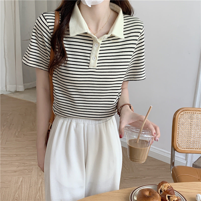 Paris Stripe Polo Tee – Cafe Cozy Edition - kawaii-inspired outfit in pastel colors - 9491857
