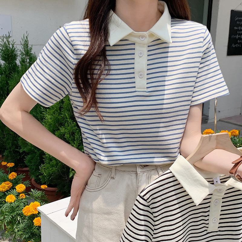 Paris Stripe Polo Tee – Cafe Cozy Edition - kawaii-inspired outfit in pastel colors - 19544148