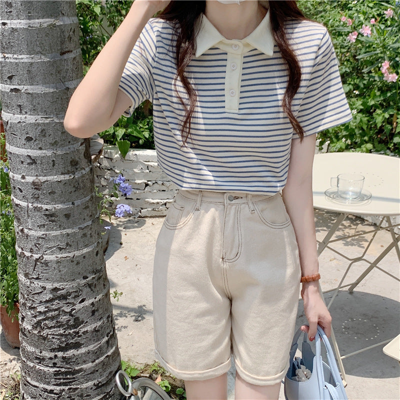 Paris Stripe Polo Tee – Cafe Cozy Edition - kawaii-inspired outfit in pastel colors - 45193874