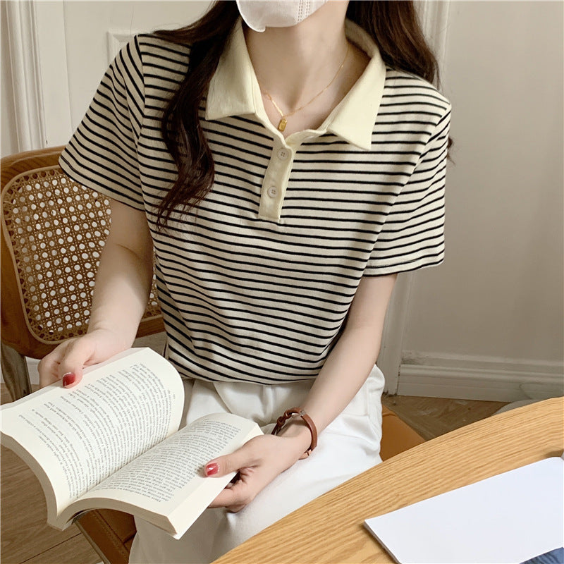 Paris Stripe Polo Tee – Cafe Cozy Edition - kawaii-inspired outfit in pastel colors - 48530663