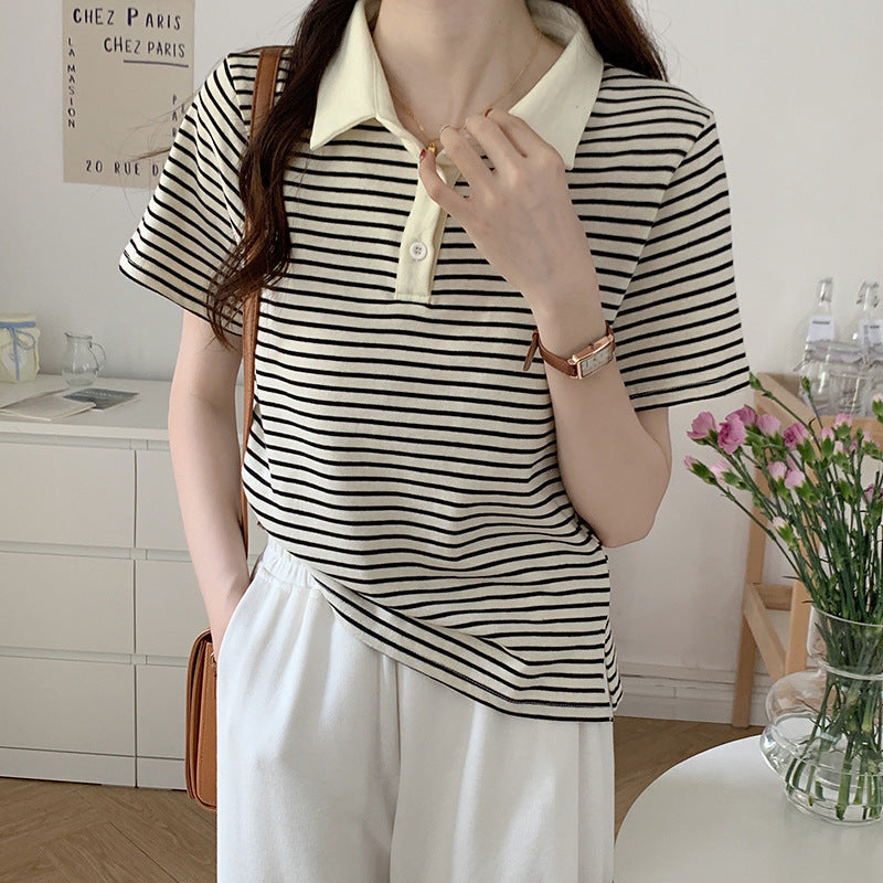 Paris Stripe Polo Tee – Cafe Cozy Edition - kawaii-inspired outfit in pastel colors - 28024916