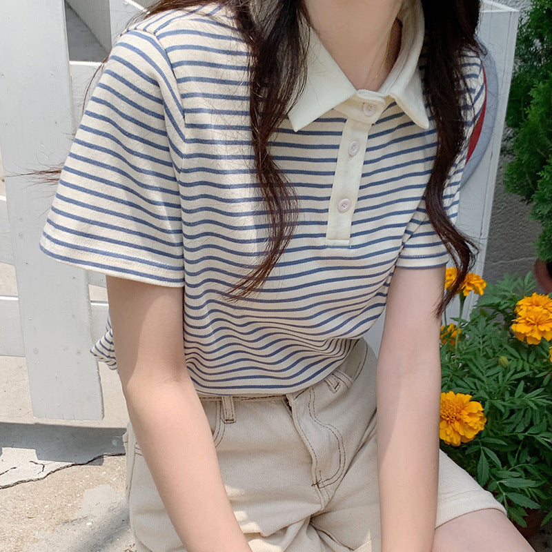 Paris Stripe Polo Tee – Cafe Cozy Edition - kawaii-inspired outfit in pastel colors - 92830988