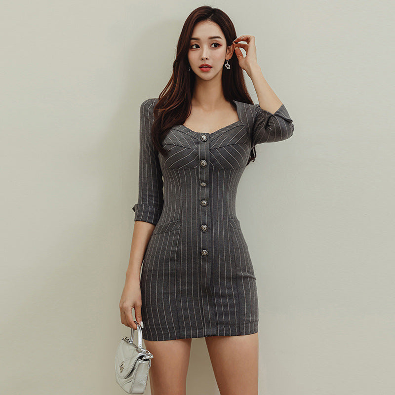 Foreign Trade Women’s Clothing 2023 Autum New K-Style Celebrity Style Square Collar Elegant Stripesd Slim Sexy Jumpsuit