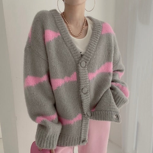 South Korea Dongdaemun Striped Cardigan Sweater Coat Women’s Loose Lazy Outer Wear Color-matching V-neck Trendy Sweater