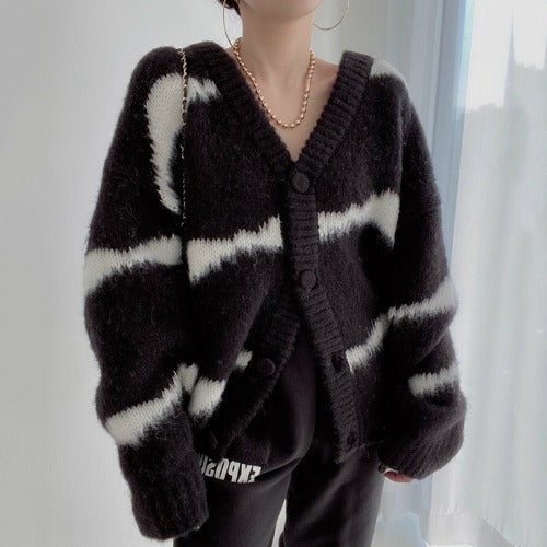 South Korea Dongdaemun Striped Cardigan Sweater Coat Women’s Loose Lazy Outer Wear Color-matching V-neck Trendy Sweater