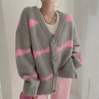 South Korea Dongdaemun Striped Cardigan Sweater Coat Women’s Loose Lazy Outer Wear Color-matching V-neck Trendy Sweater