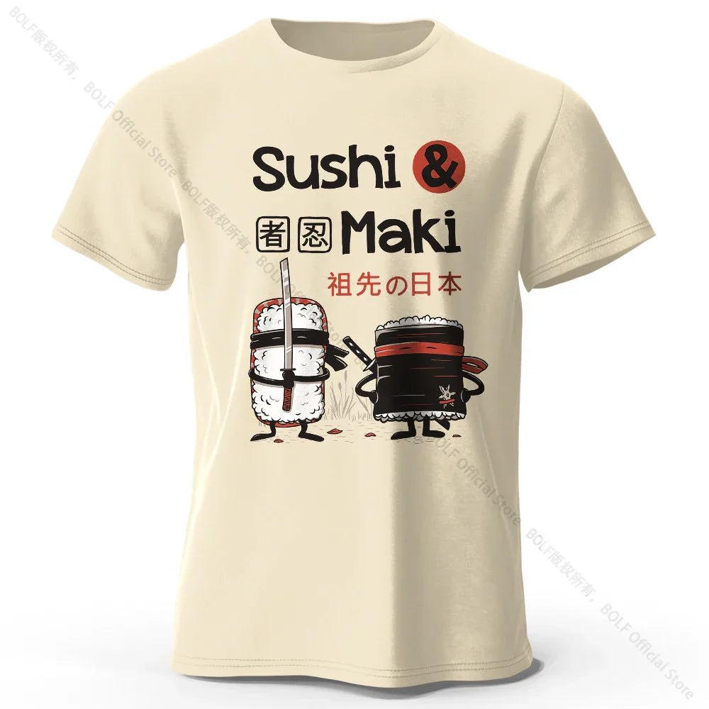 Kawaii Sushi Harajuku Printed 100% Cotton T-Shirt Soft & Breathable Round Neck Short Sleeve Tee Unisex Cute Style