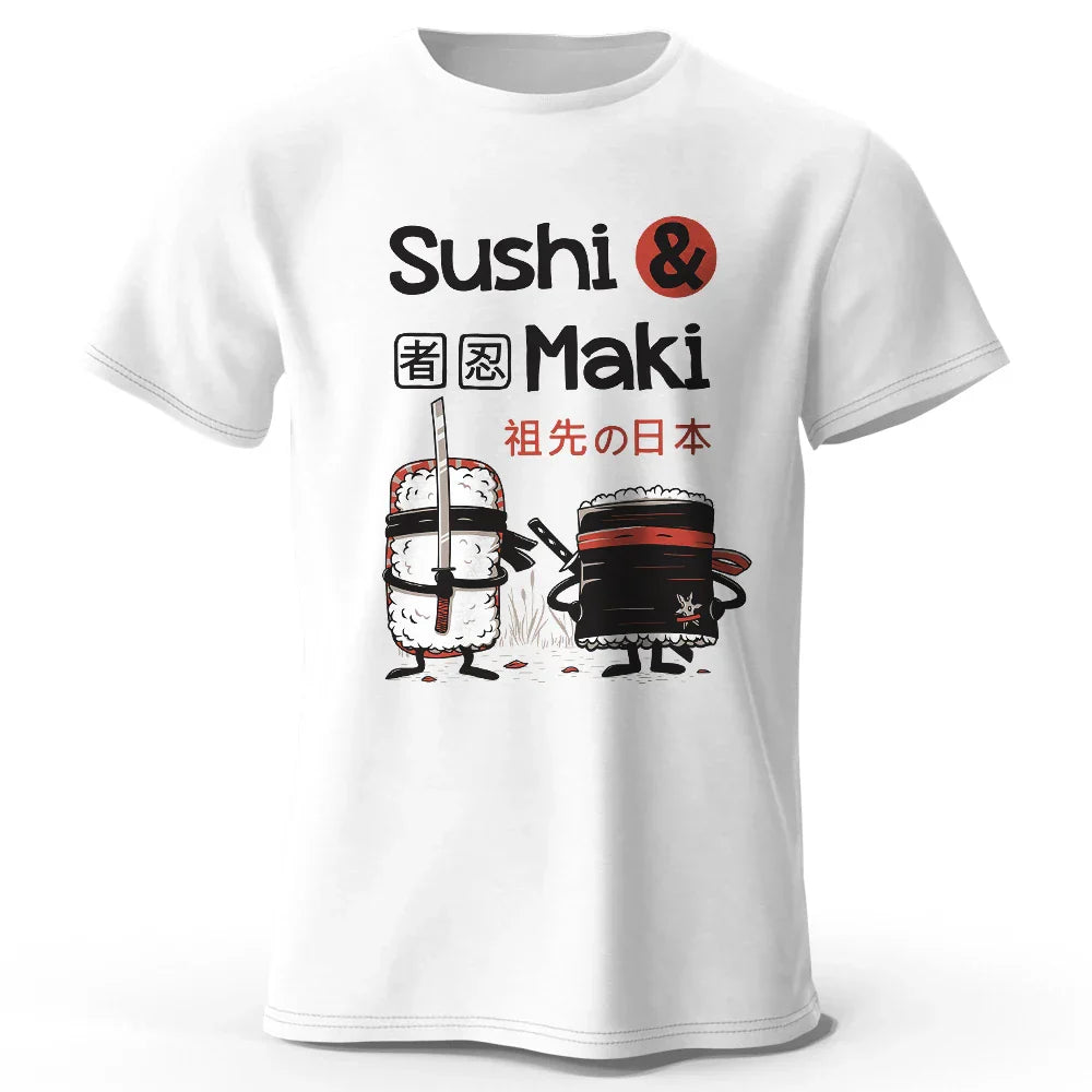 Kawaii Sushi Harajuku Printed 100% Cotton T-Shirt Soft & Breathable Round Neck Short Sleeve Tee Unisex Cute Style